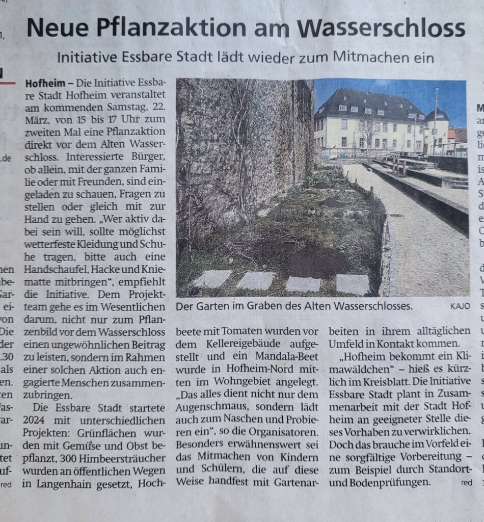Zeitungsartikel über die Bepflanzung am Wasserschloss in Hofheim.